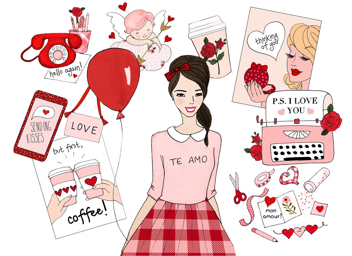 Clipart with different love illustrations and girl with brown hair on a white background.