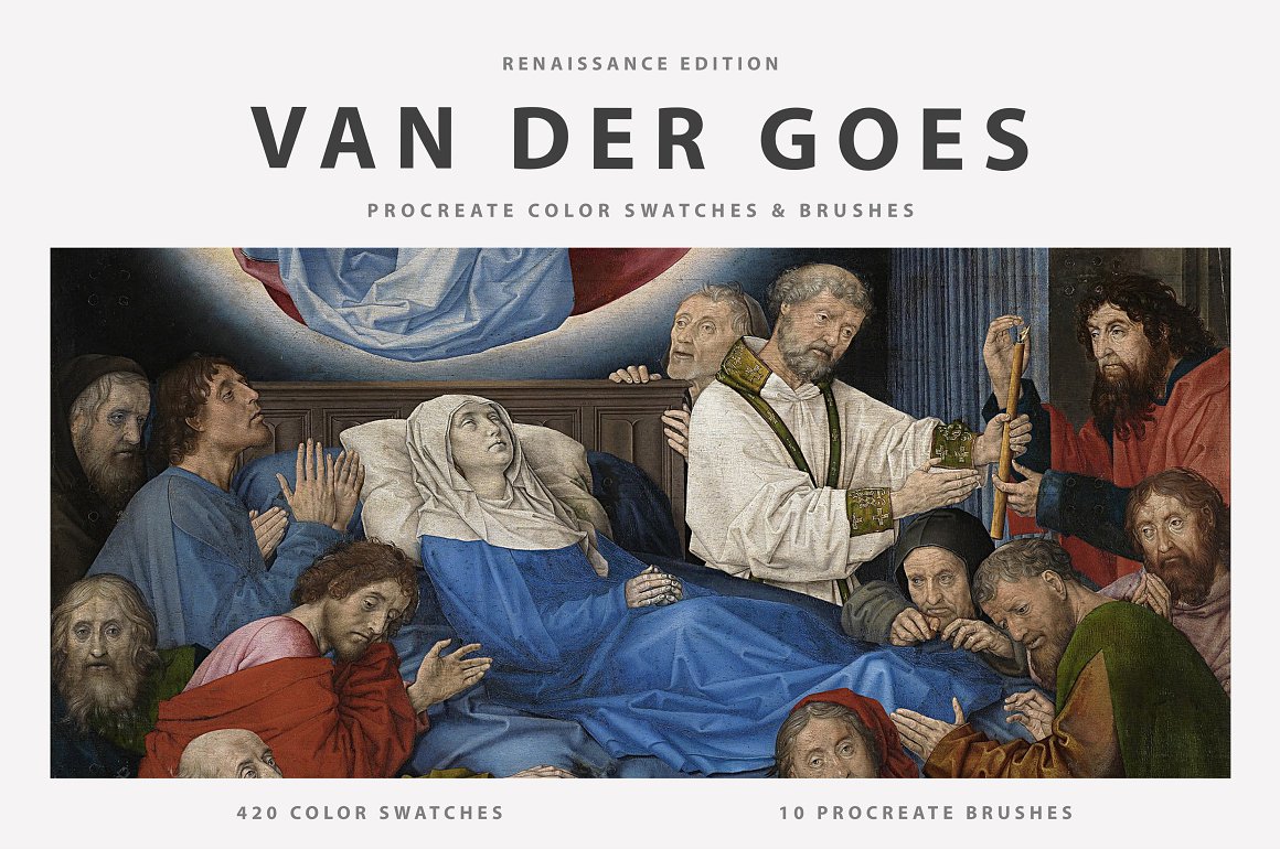 Black lettering "Van Der Goes" and picture on a gray background.