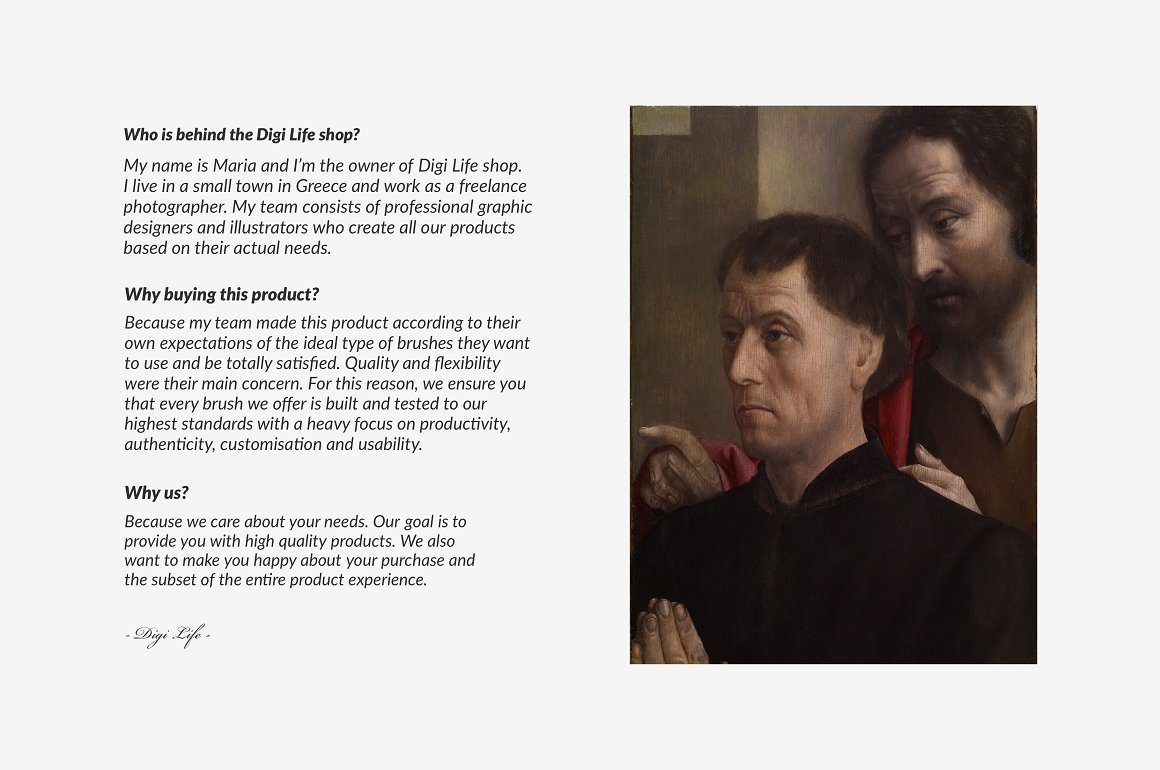 3 answers to questions and a drawing in the Renaissance style on a gray background.