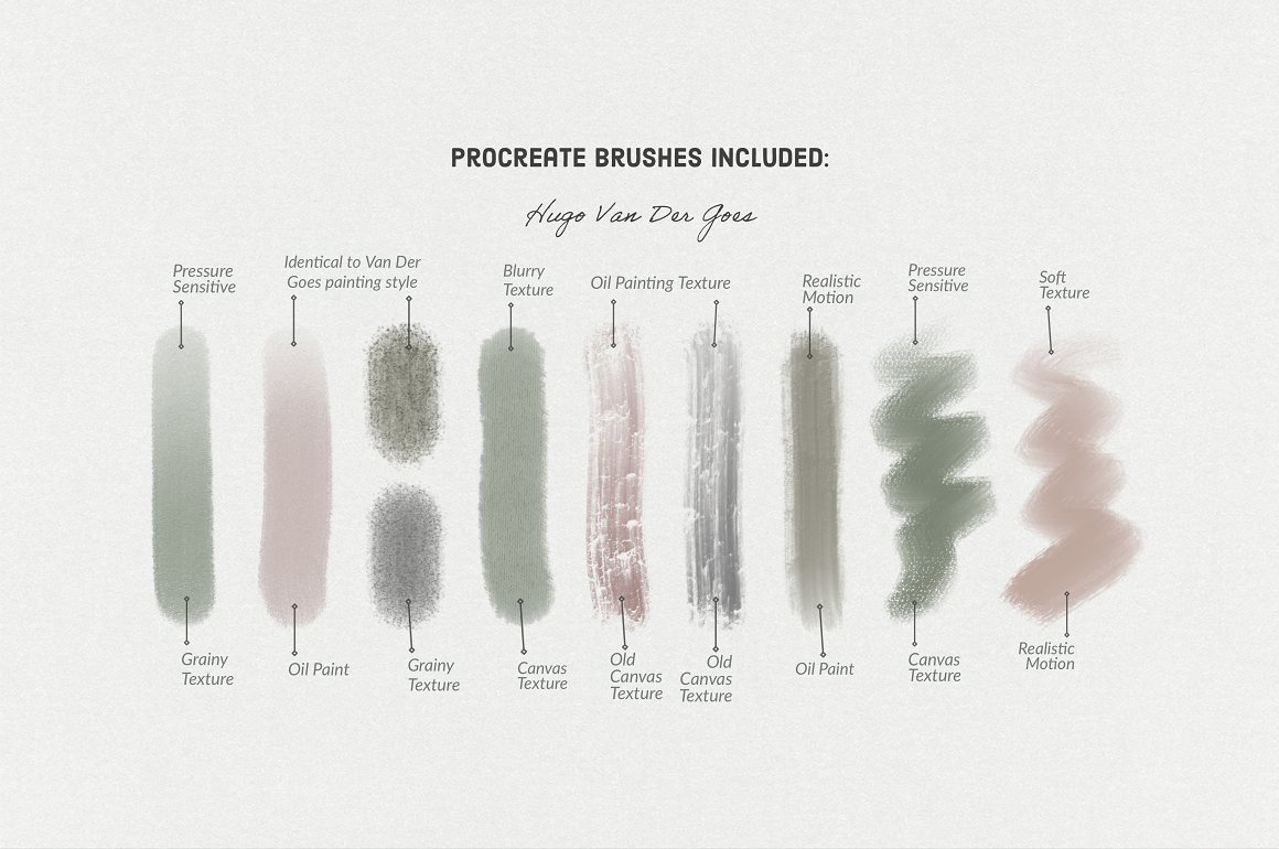 A set of 9 different procreate brushes on a gray background.