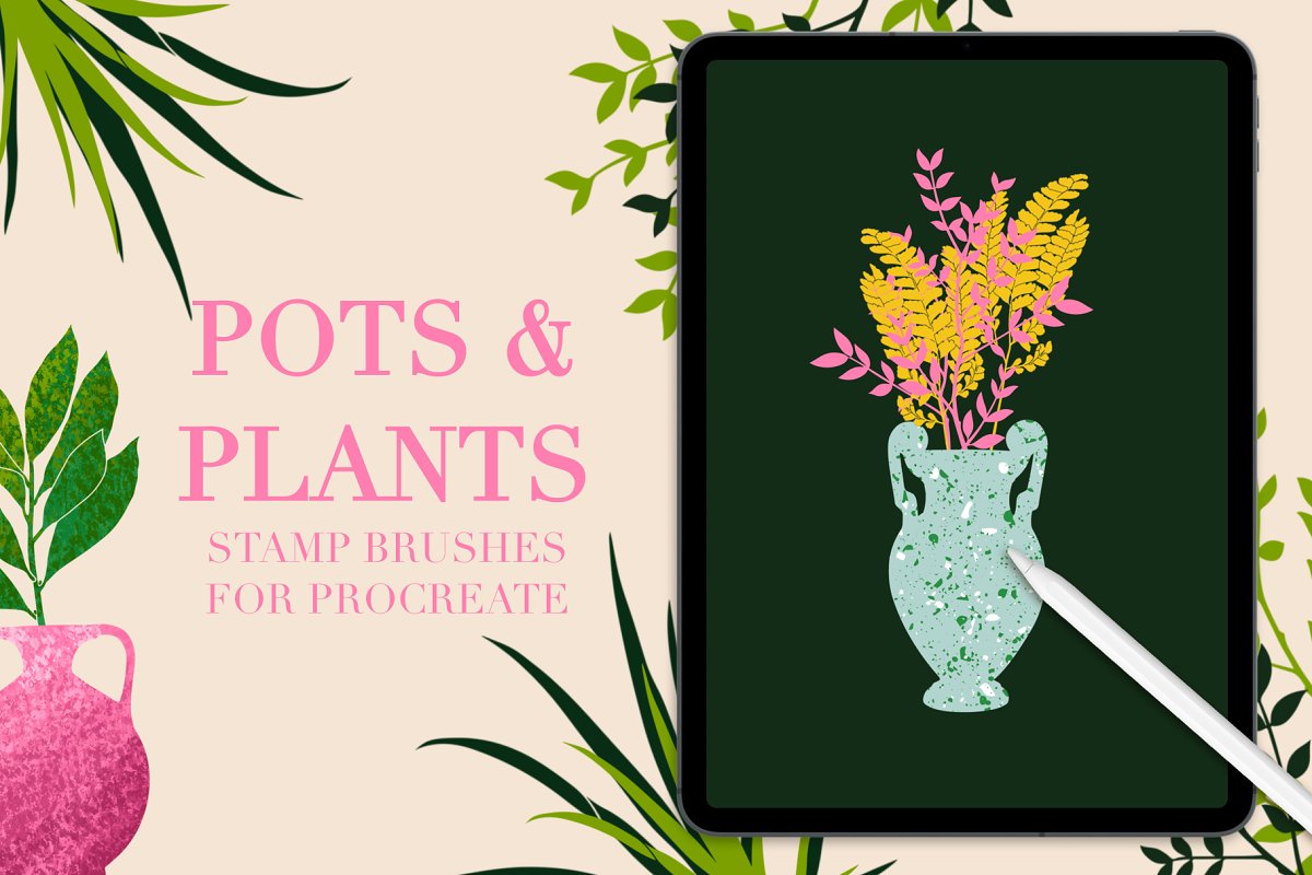 Cover image of Pots and Plants Stamps for Procreate.