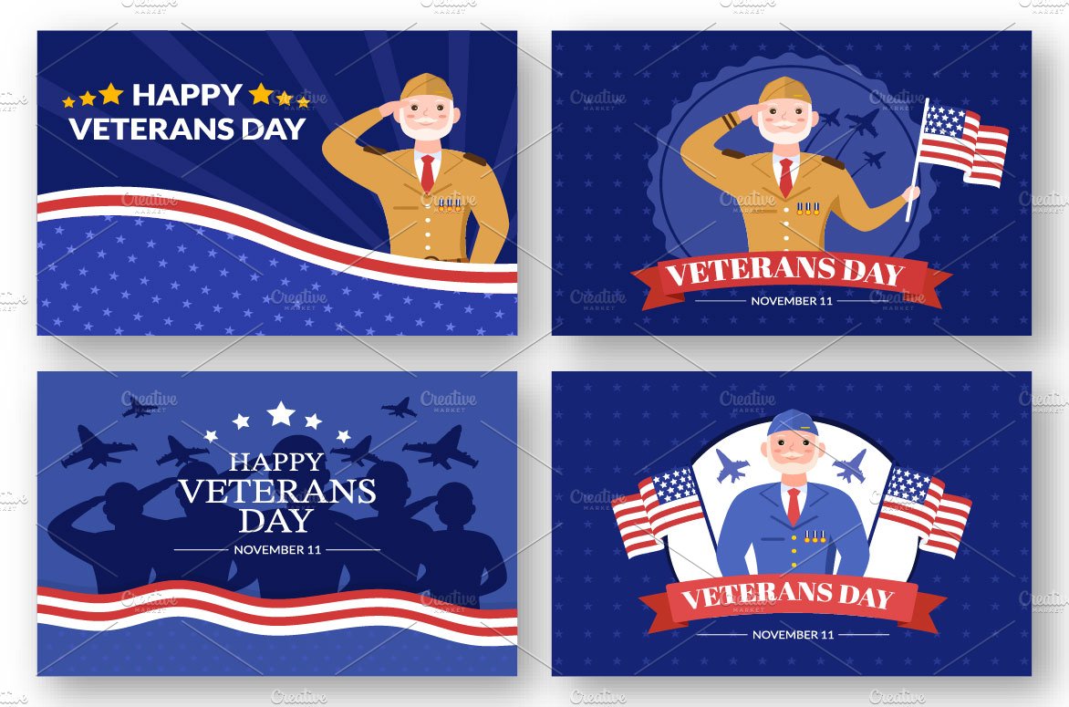 Blue backgrounds with the different veterans illustrations.