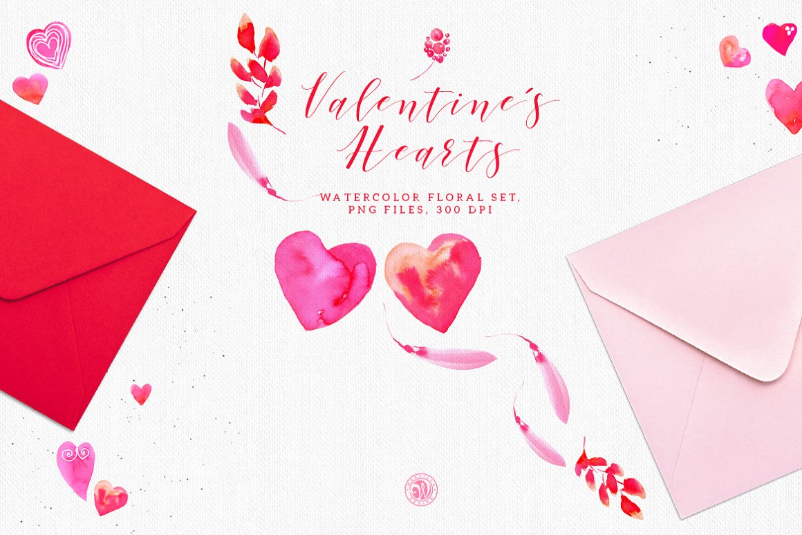 Pink lettering "Valentine's Hearts" and 2 pink hearts with 2 pink envelopes on a gray background.