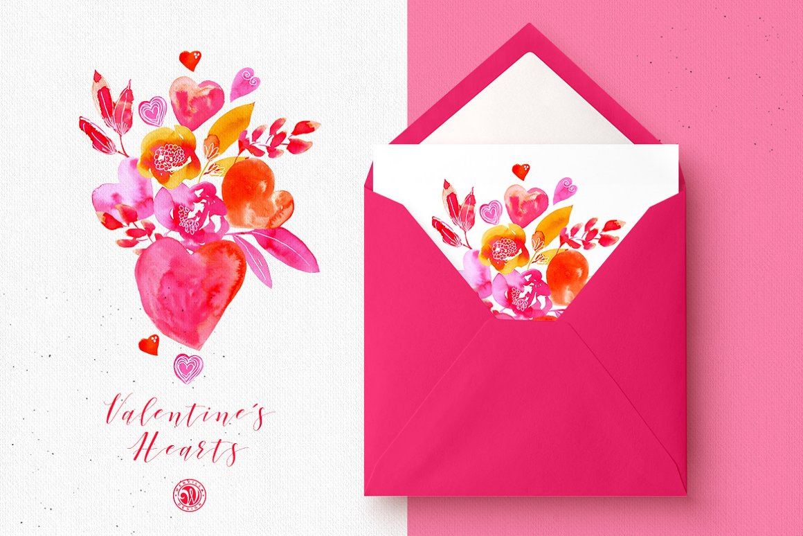 Pink lettering "Valentine's Hearts" with pink composition of flowers and hearts, and pink envelope with white card with this composition.