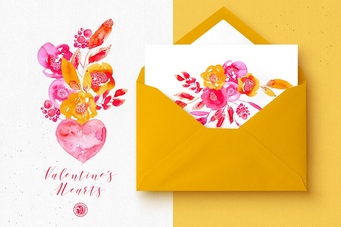 Pink lettering "Valentine's Hearts" with pink composition of flowers and hearts, and orange envelope with white card with this composition.