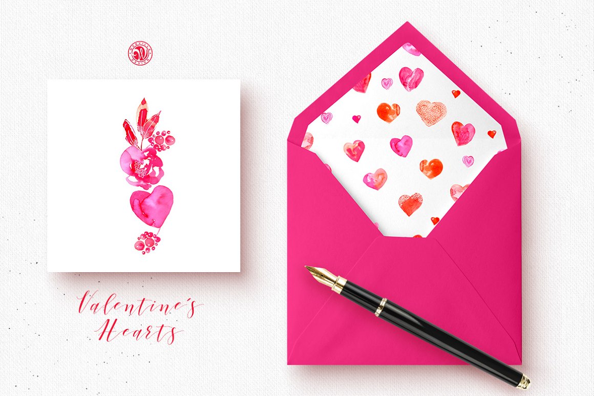 Pink lettering "Valentine's Hearts" with pink composition of flowers and hearts, and pink envelope with white card with pink hearts.