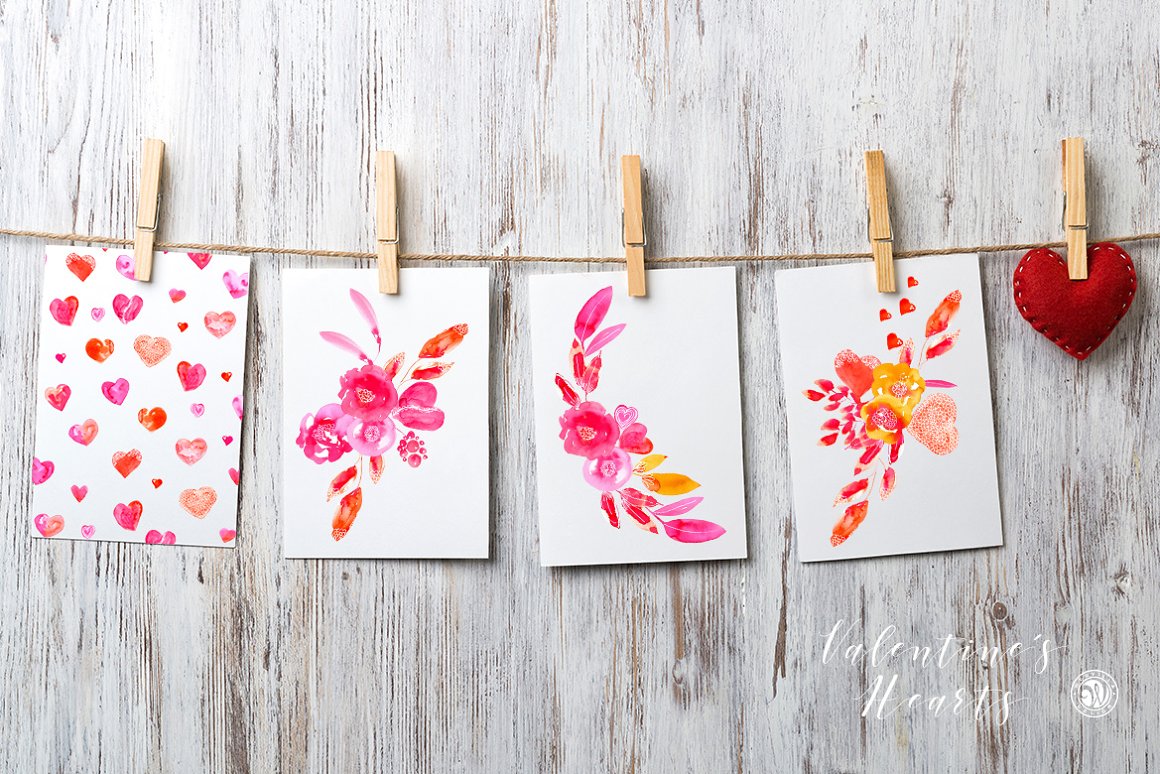 4 white cards with pink and red compositions of flowers and hearts on clothespins.