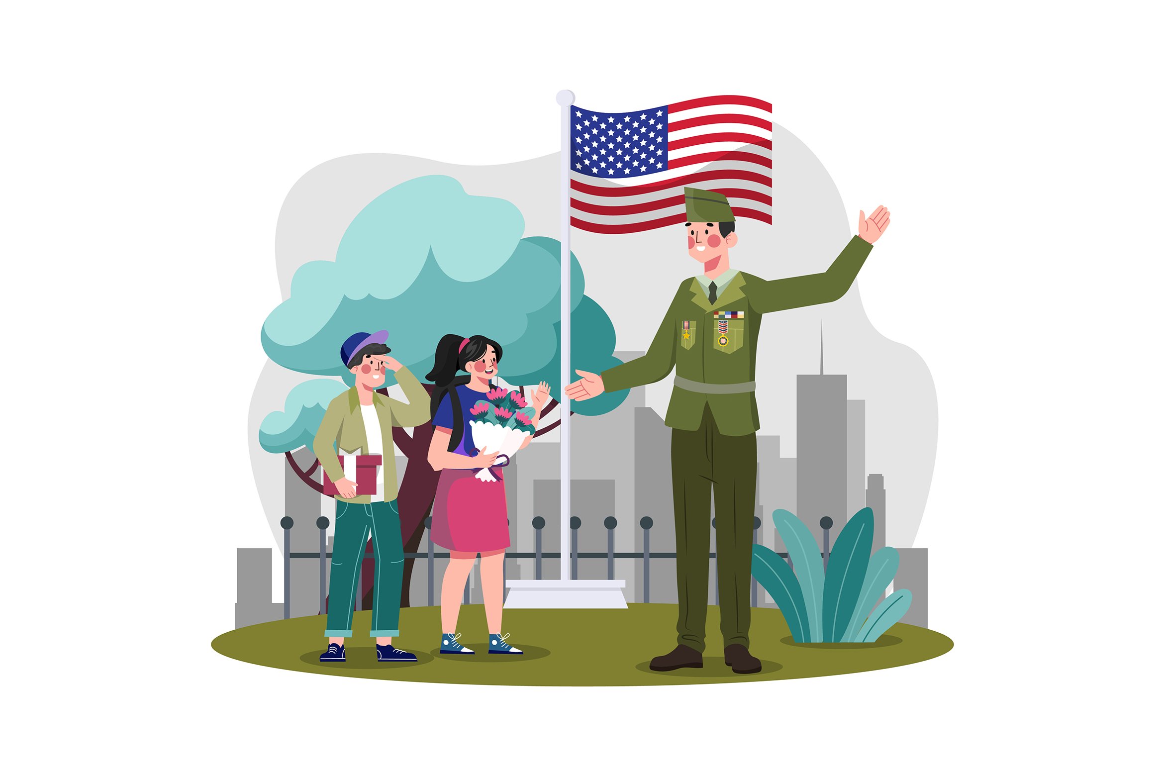 High quality illustration with a veteran and children.