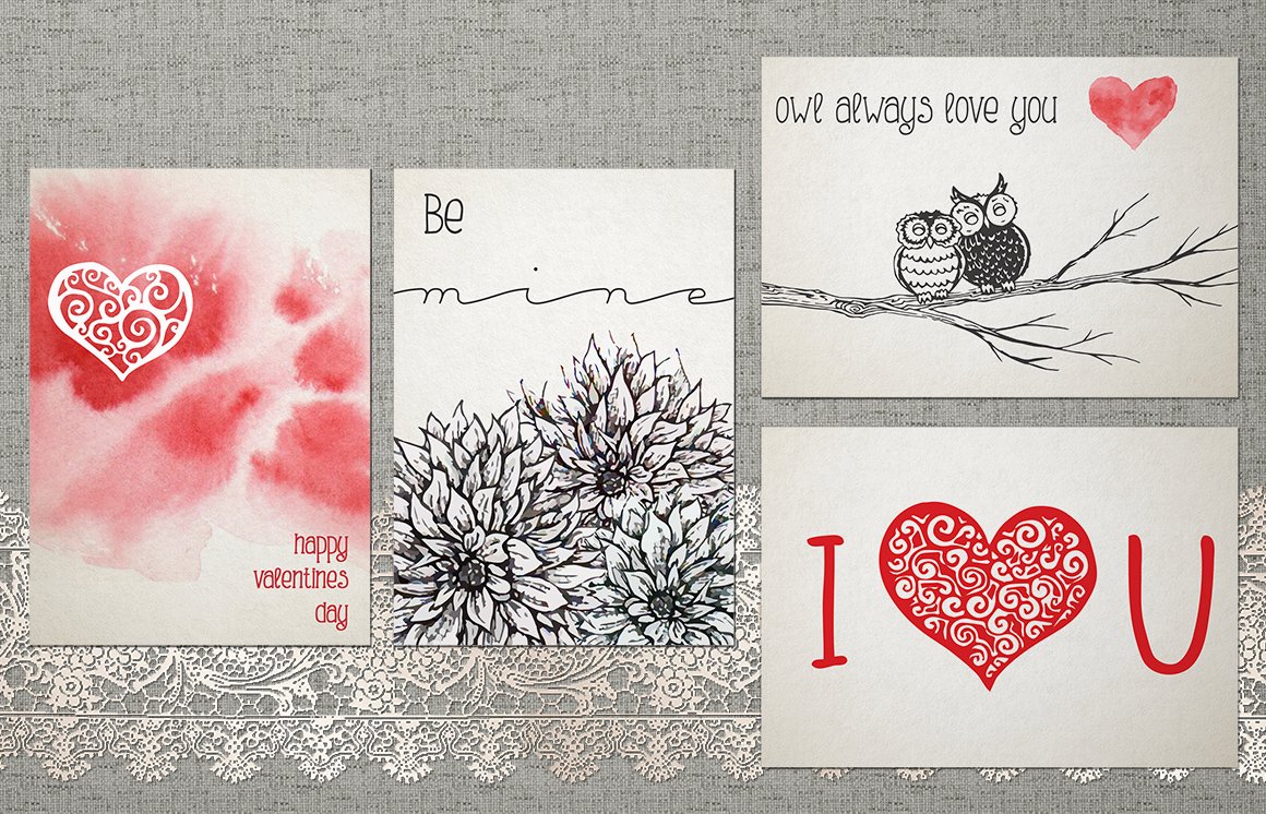4 different pictures with hand drawn romantic Valentine themed illustrations in black and red.