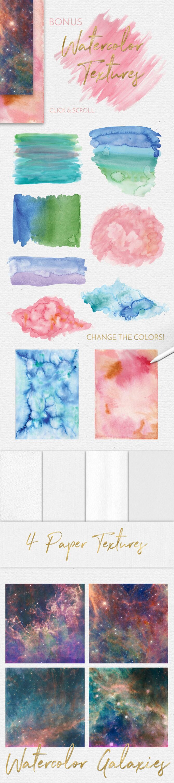 You will get a lot of watercolor elements and 4 paper textures.