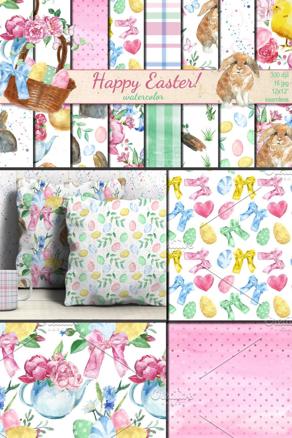 Collage with Easter drawings in decor and original.