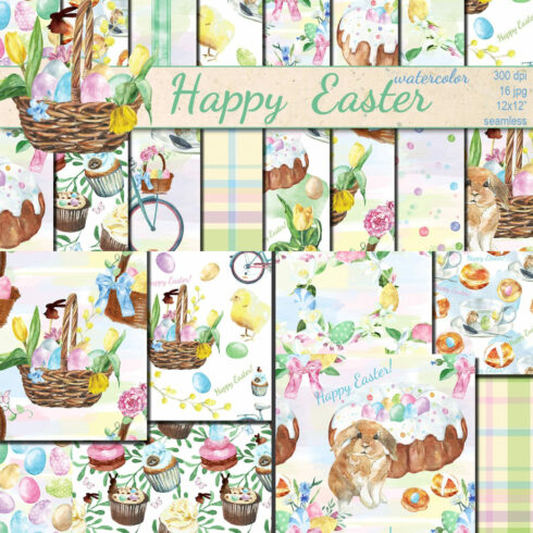 Watercolor Happy Easter patterns.