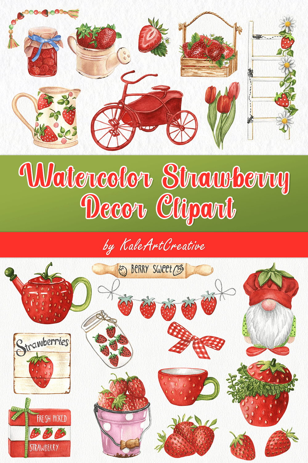 Watercolor Strawberry Decor Clipart. Farmhouse Kitchen Decor - Pinterest.
