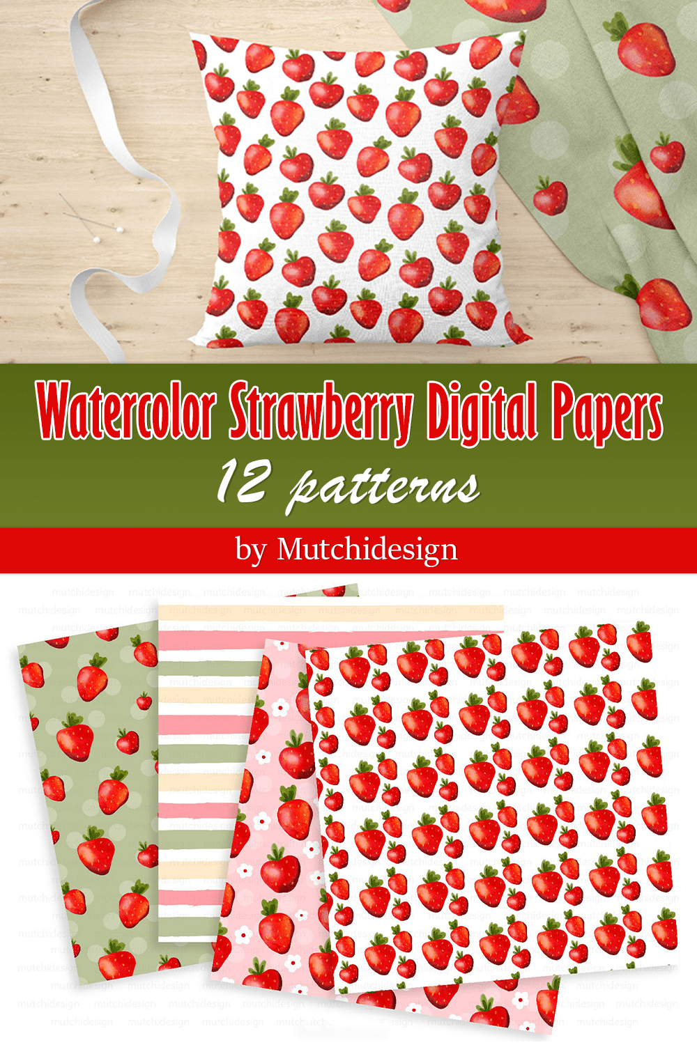 Watercolor Strawberry Digital Papers - pinterest image preview.