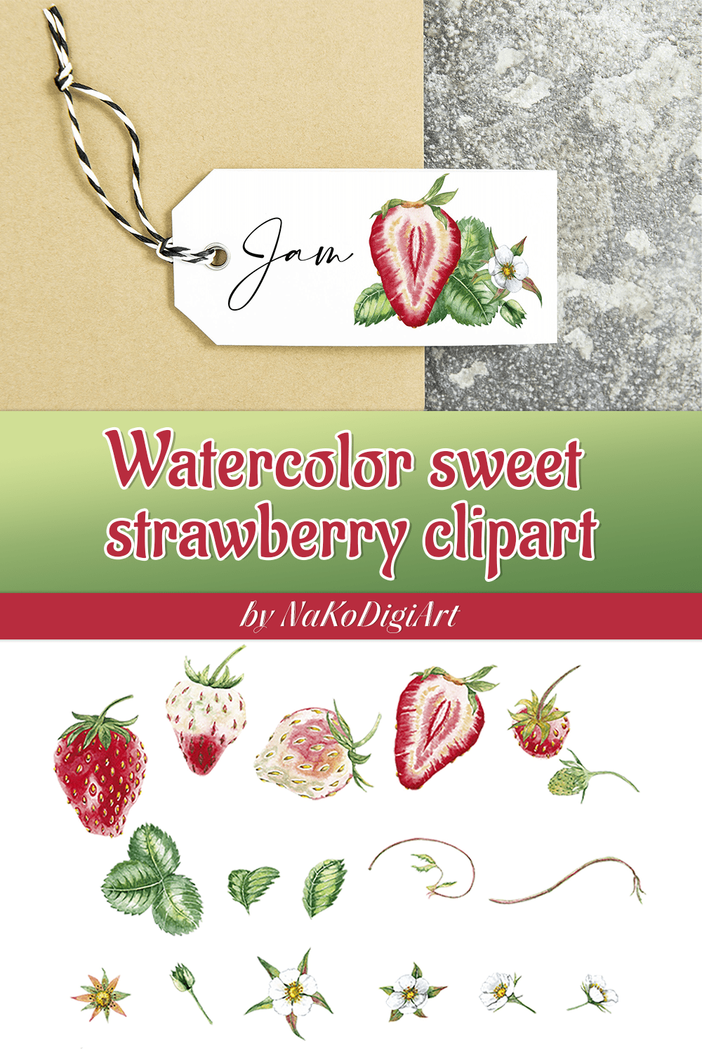 Watercolor Sweet Strawberry Clipart - pinterest image preview.