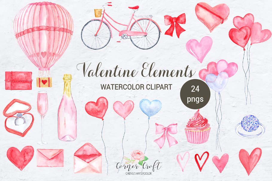 There are 24 pngs illustration with valentine elements.
