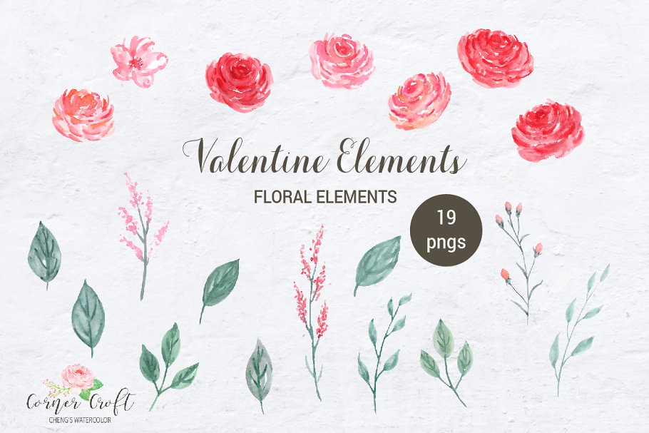There are 19 pngs floral elements with valentine elements.