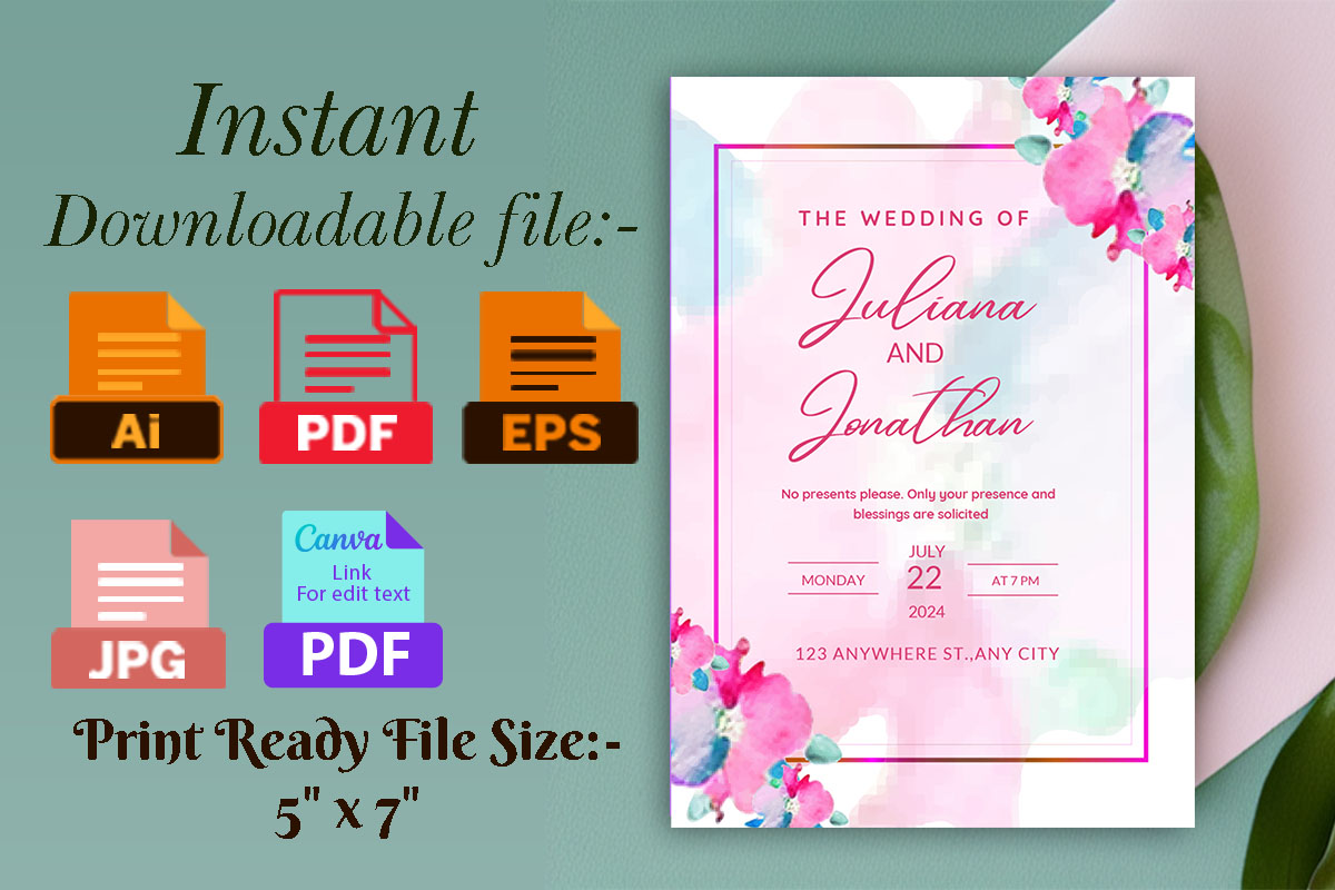 Cover image of Wedding Invitation Pink Watercolour Floral Background.