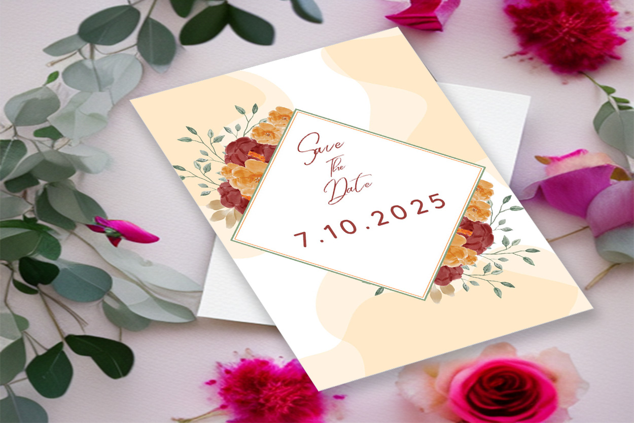 Image of an enchanting wedding invitation in pastel colors with flowers.