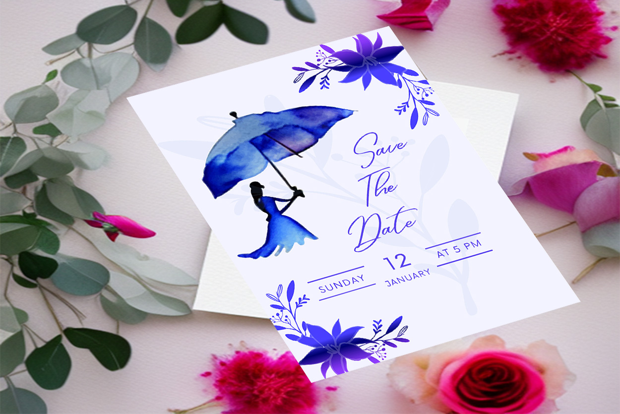 Image with amazing wedding invitation card with flowers in blue.