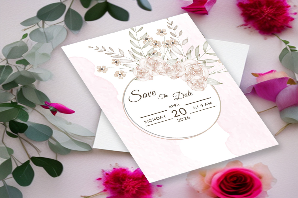 Image with exquisite wedding invitation card with flowers.