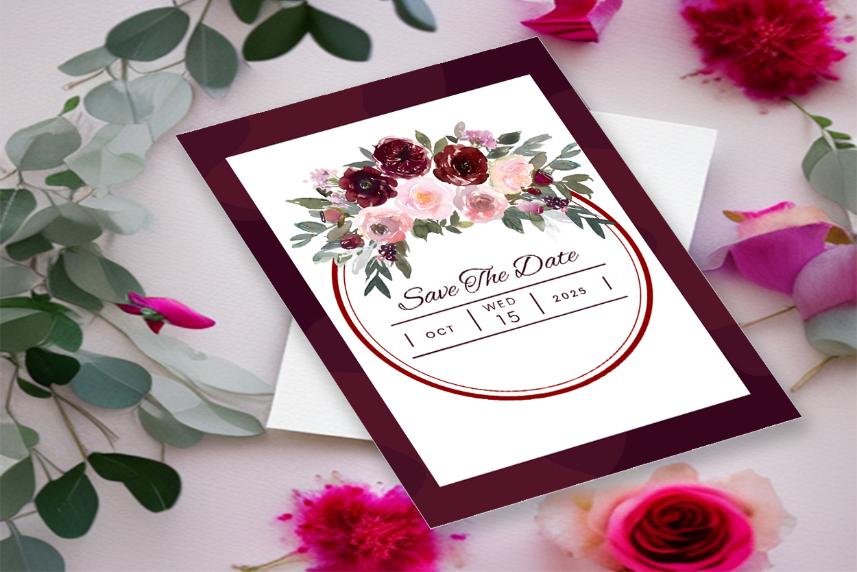 Image with marvelous wedding invitation in burgundy colors.