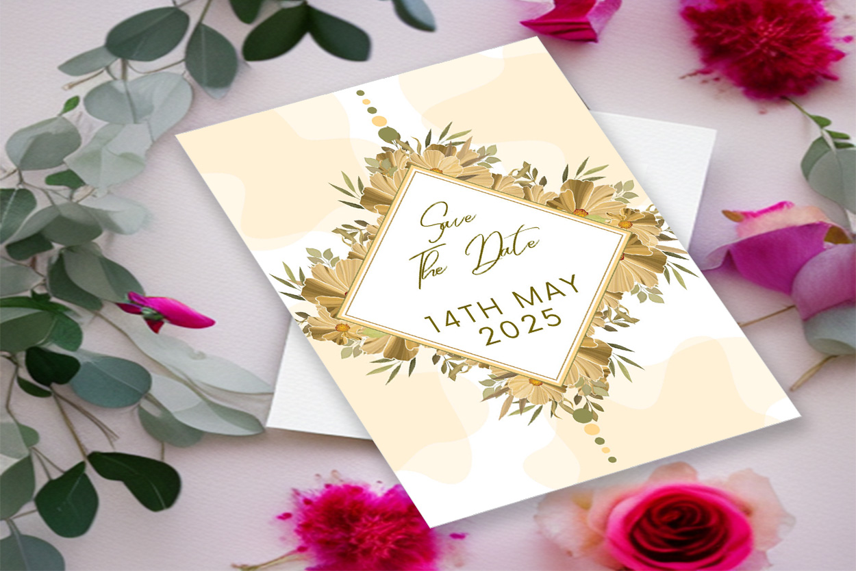 Image with exquisite wedding invitation in pastel colors and flowers.