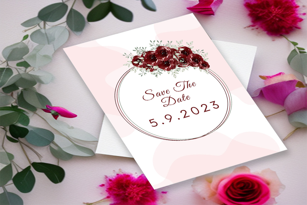 Image of a colorful wedding invitation in pink colors and flowers.