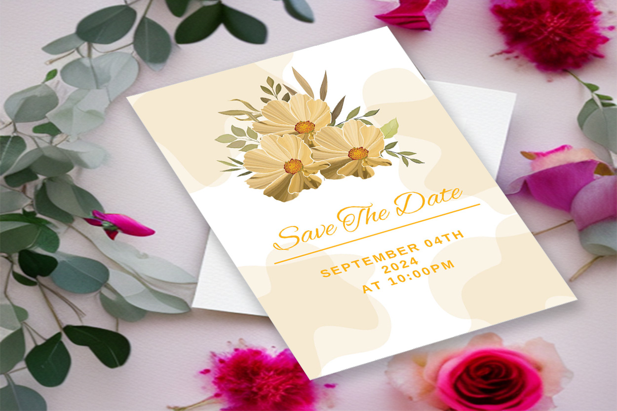 Image with irresistible wedding invitation in yellow tones and flowers.