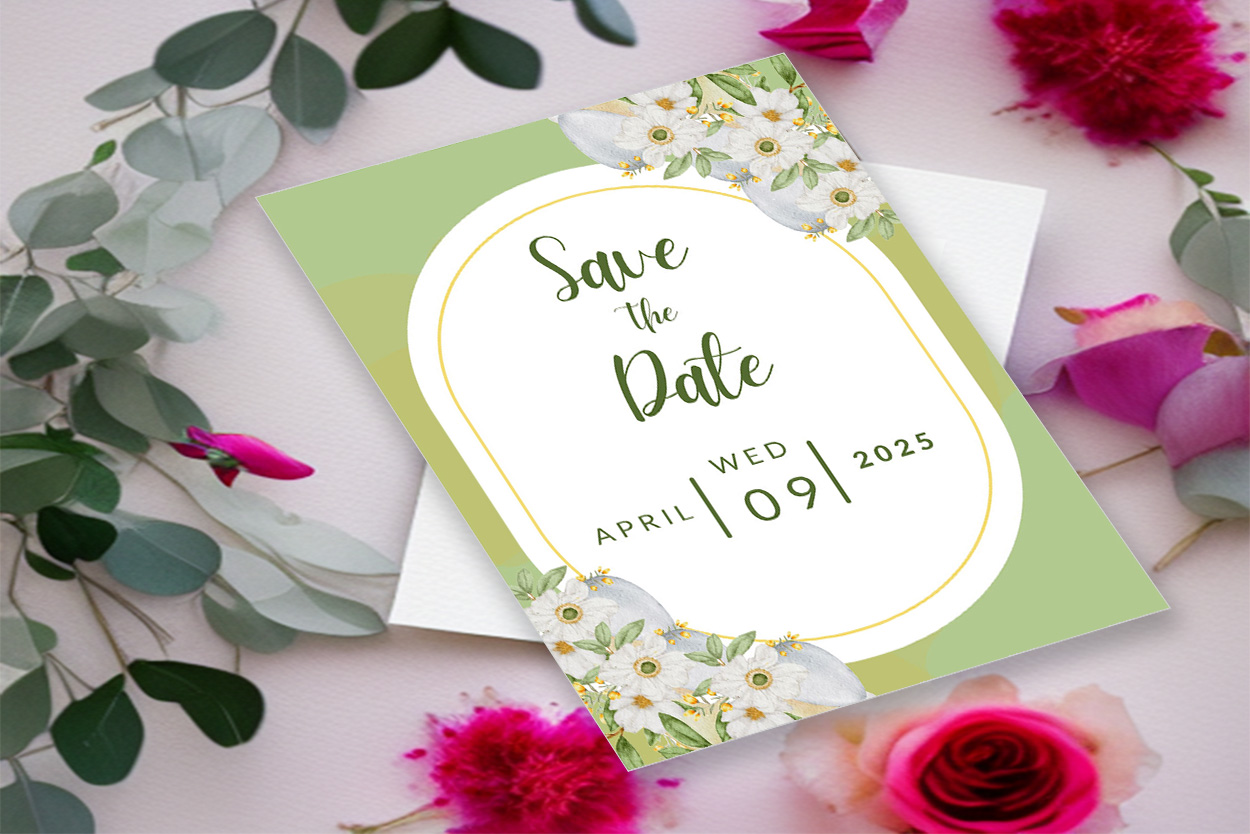 Image with wonderful wedding invitation in light green colors with white flower.
