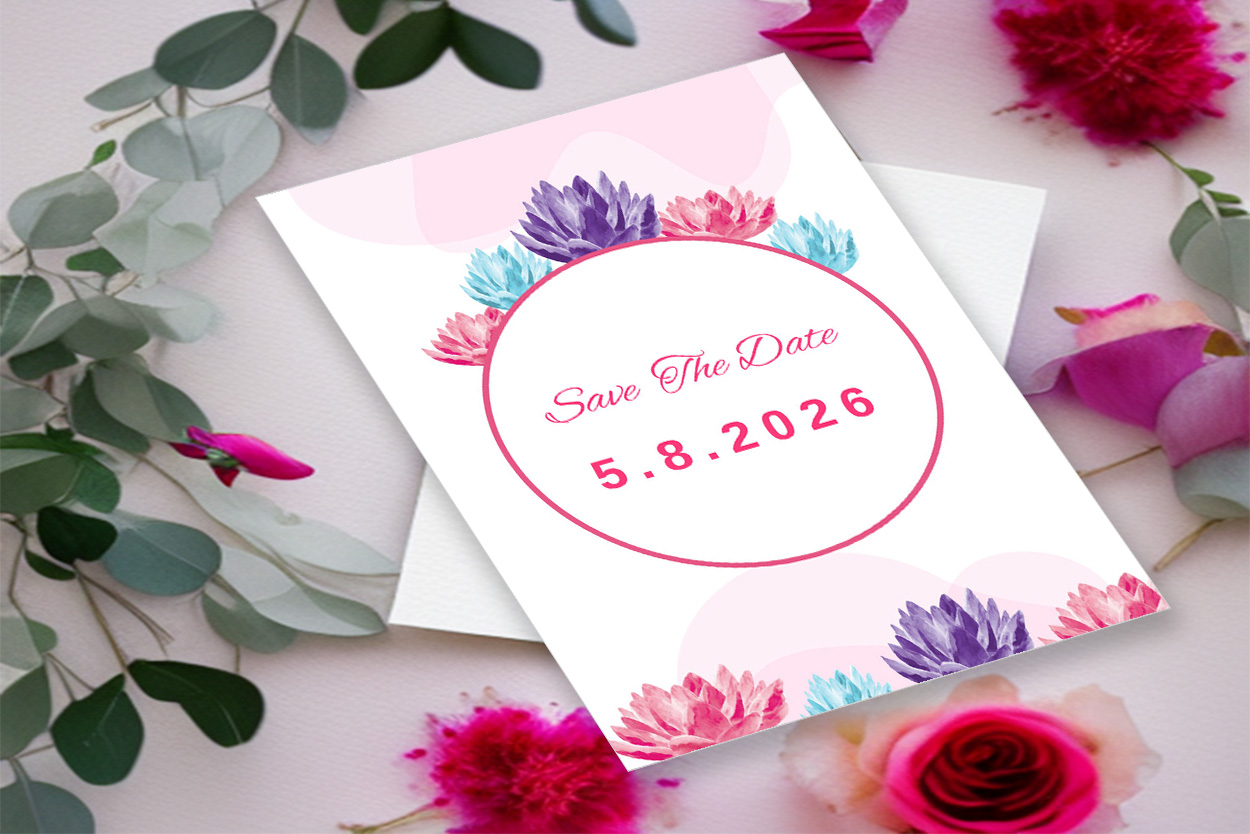 Floral Lotuses Wedding Invitation Card Template preview image.