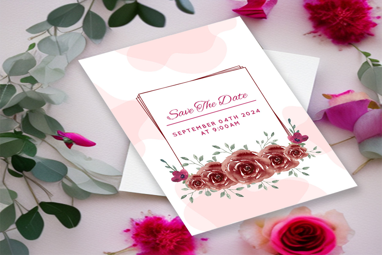 Image of gorgeous wedding invitation with brown roses and leaves.