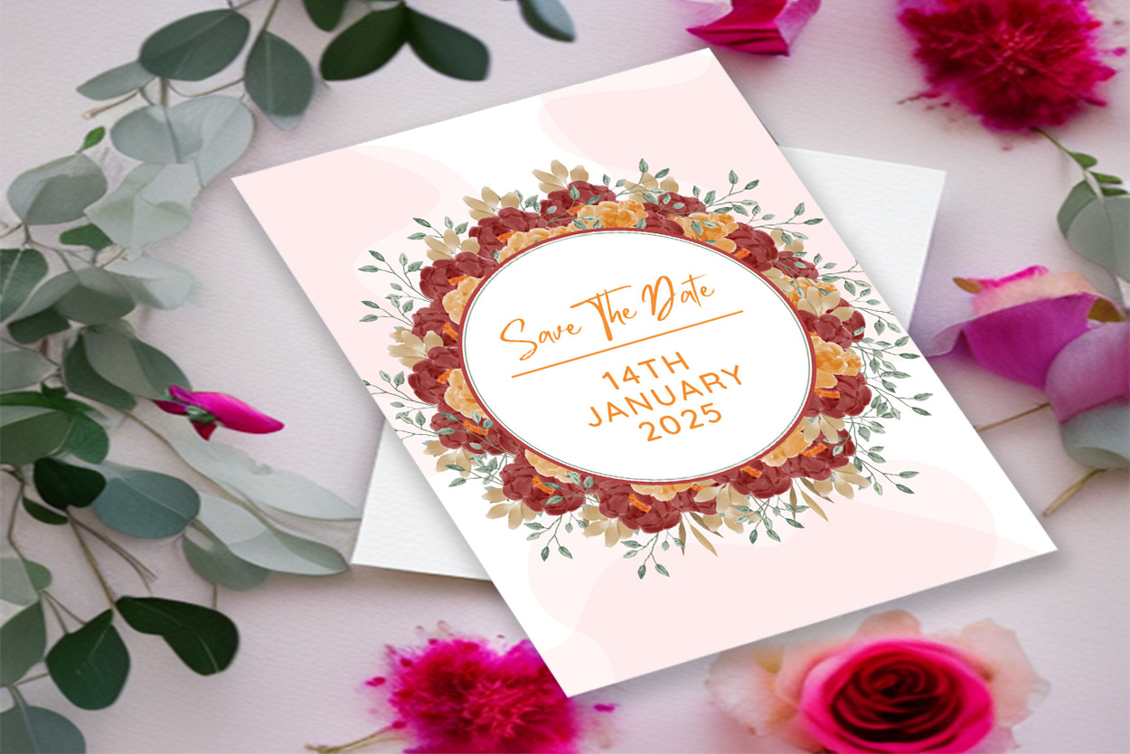 Image of an elegant wedding invitation in pink colors and flowers.