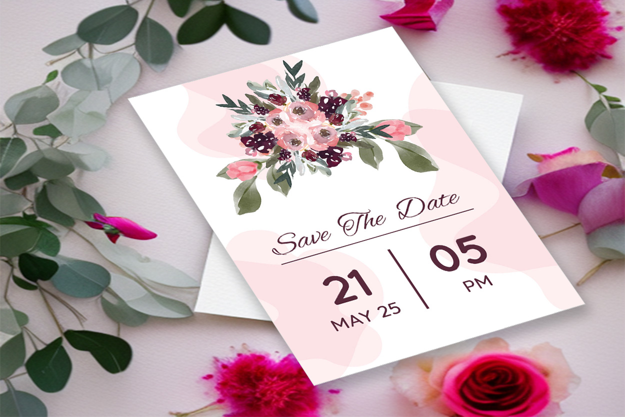 Image of a wonderful wedding invitation in combination with flowers and leaves.