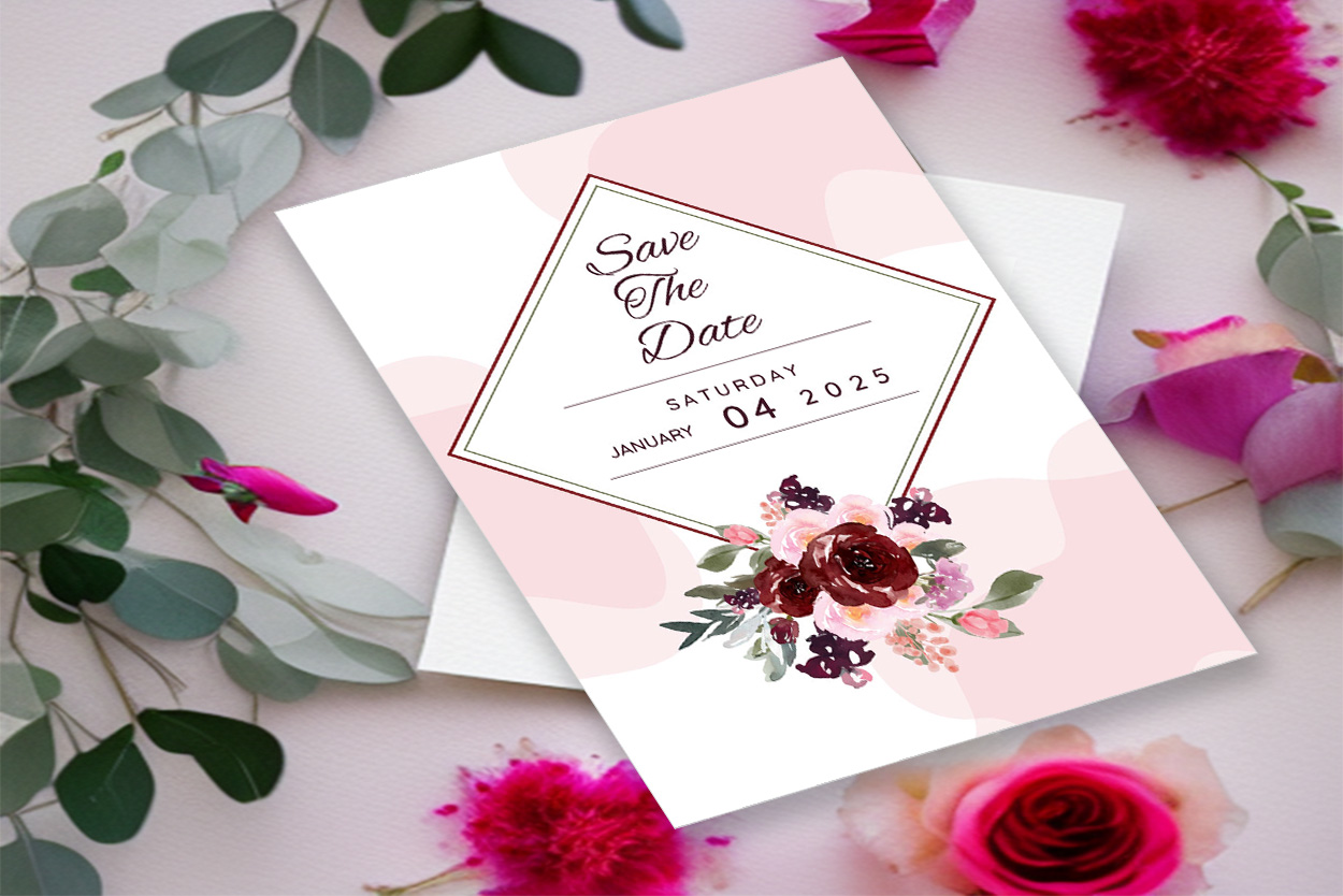 Image of an amazing wedding invitation in pink colors with flowers.