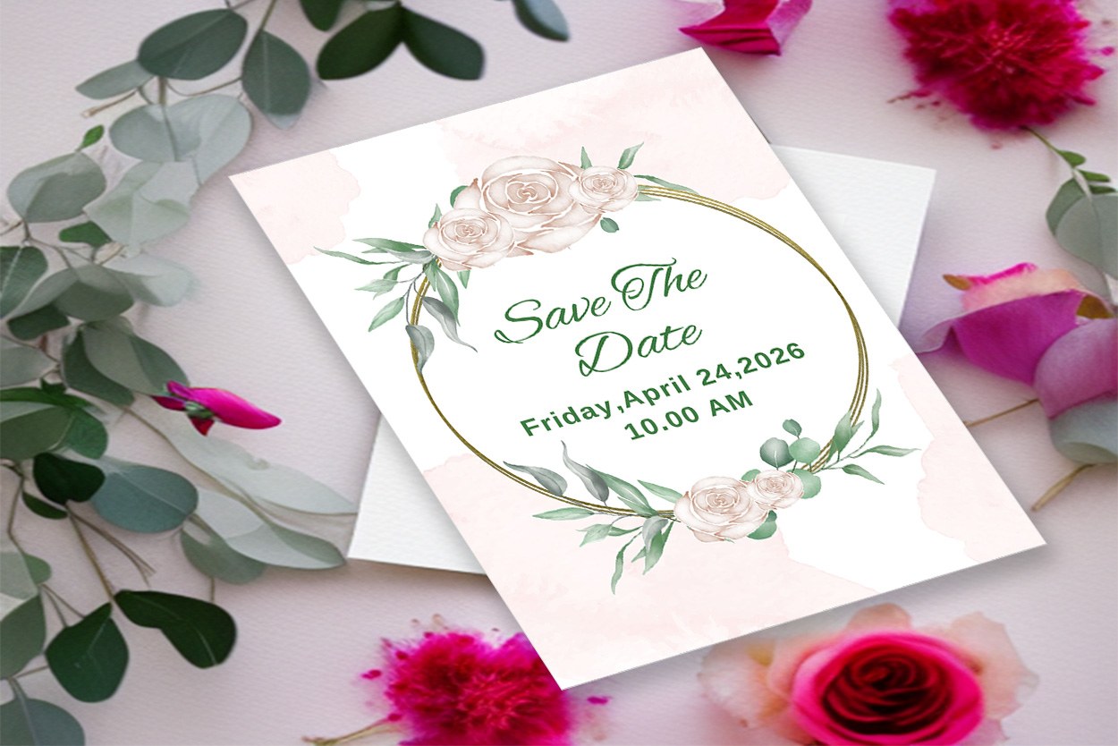Image with unique wedding invitation card with watercolor roses.