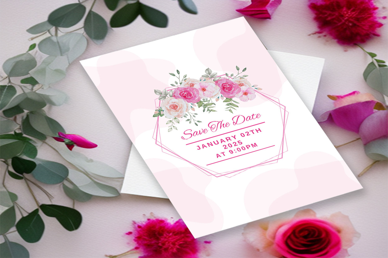 Image with colorful wedding invitation in soft pink color.