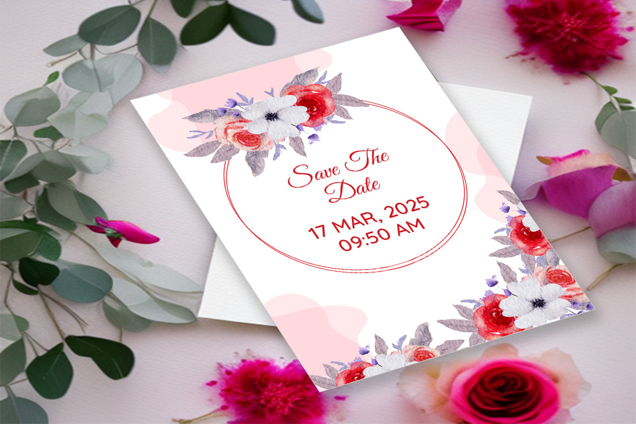 Image with beautiful wedding invitation in pink colors and flowers.