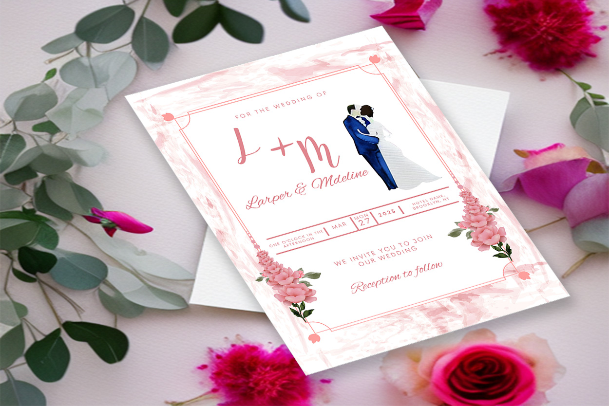 Image with amazing wedding invitation card in pink colors and flowers.