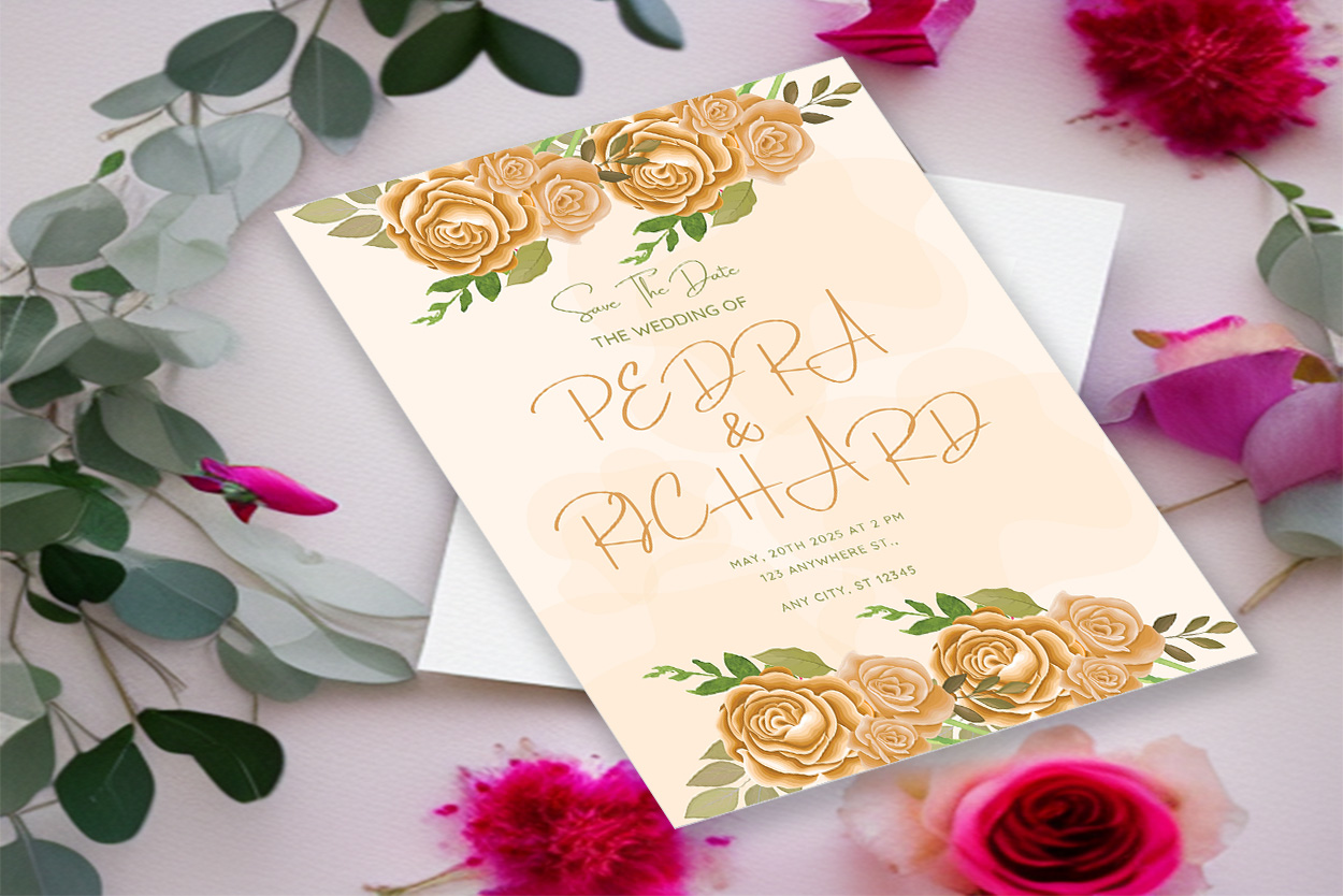 Image with colorful wedding invitation card with golden roses and leaves.