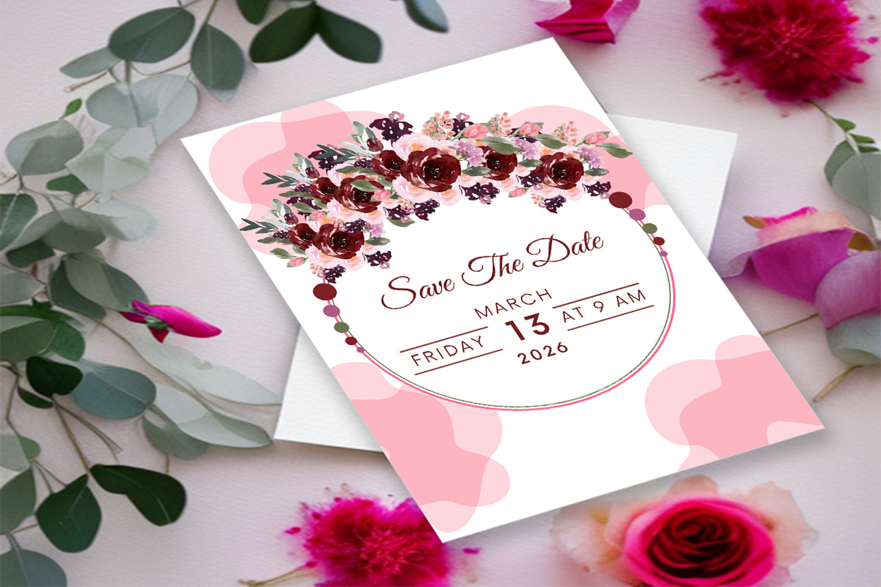 Image of a charming pink wedding invitation with flowers.