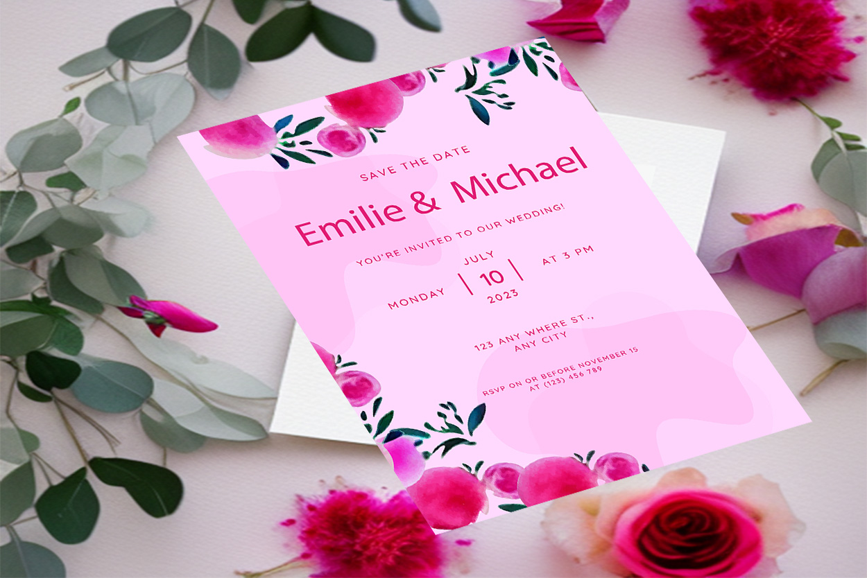 Image with wonderful wedding invitation card with flowers in pink color.