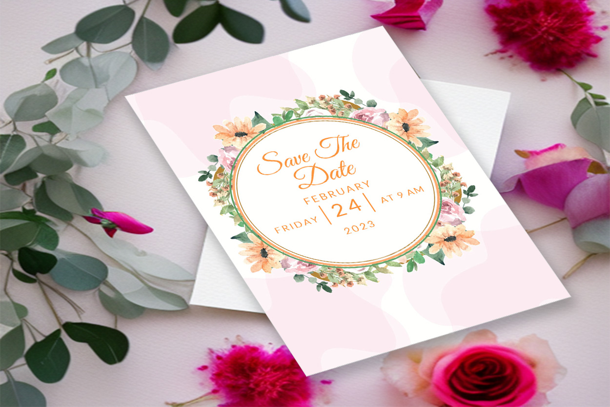 Image with exquisite wedding invitation with floral decor.
