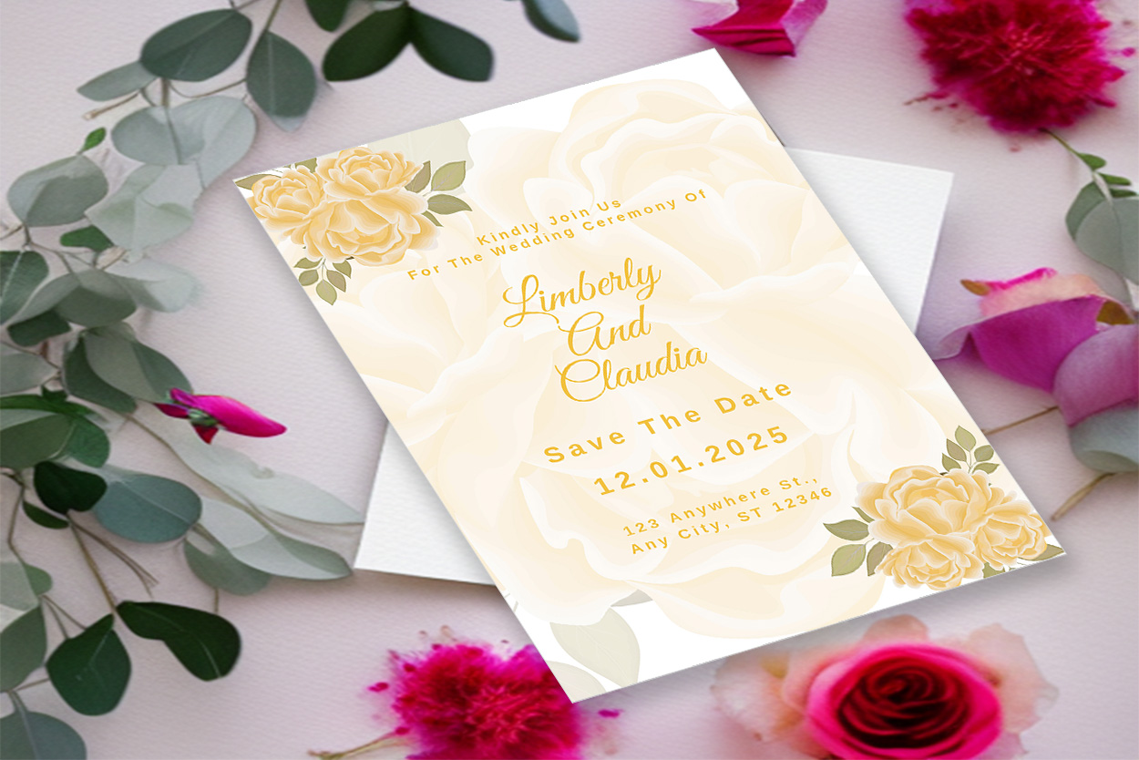 Image with elegant wedding invitation card in yellow tones and flowers.