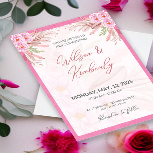 Wedding Floral Golden Invitation Card Design - MasterBundles