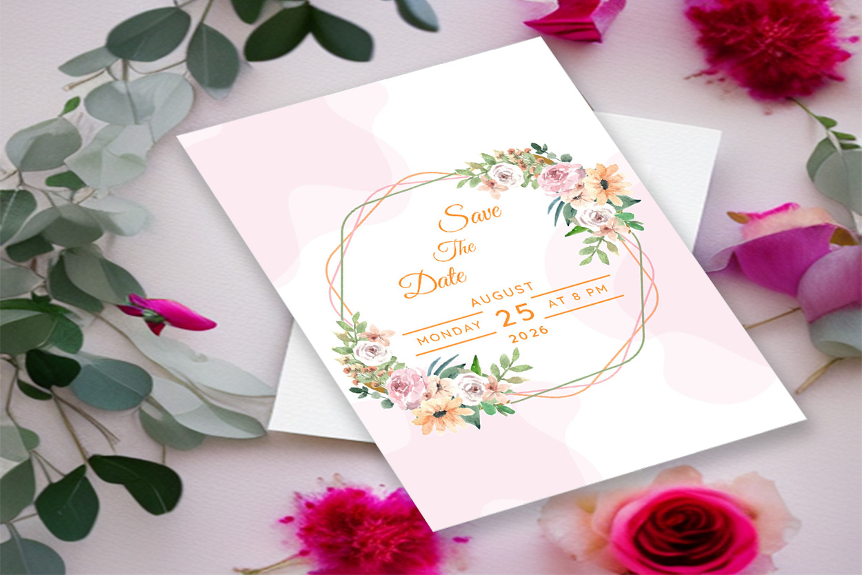 Image with unique wedding invitation with flowers and leaves.