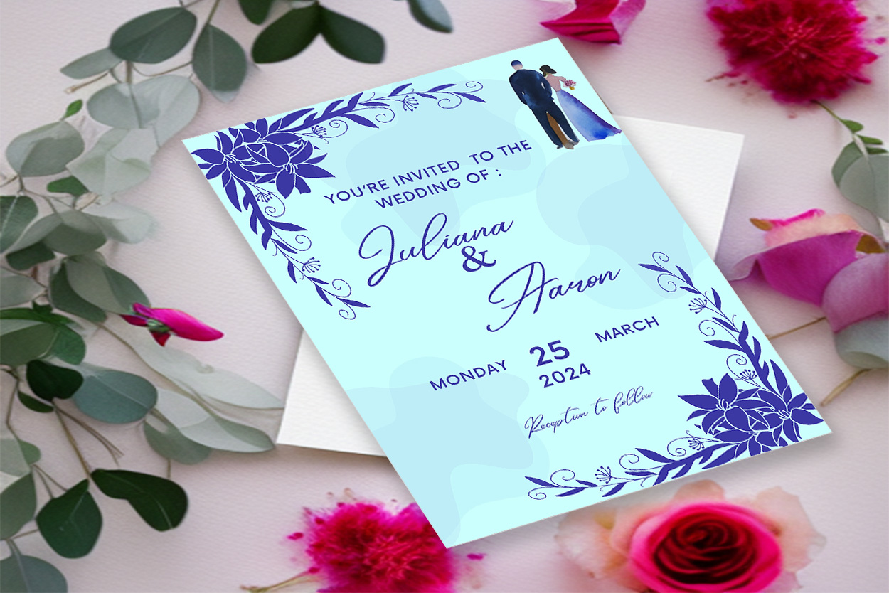 Image with exquisite wedding invitation card with flowers in navy blue colors.