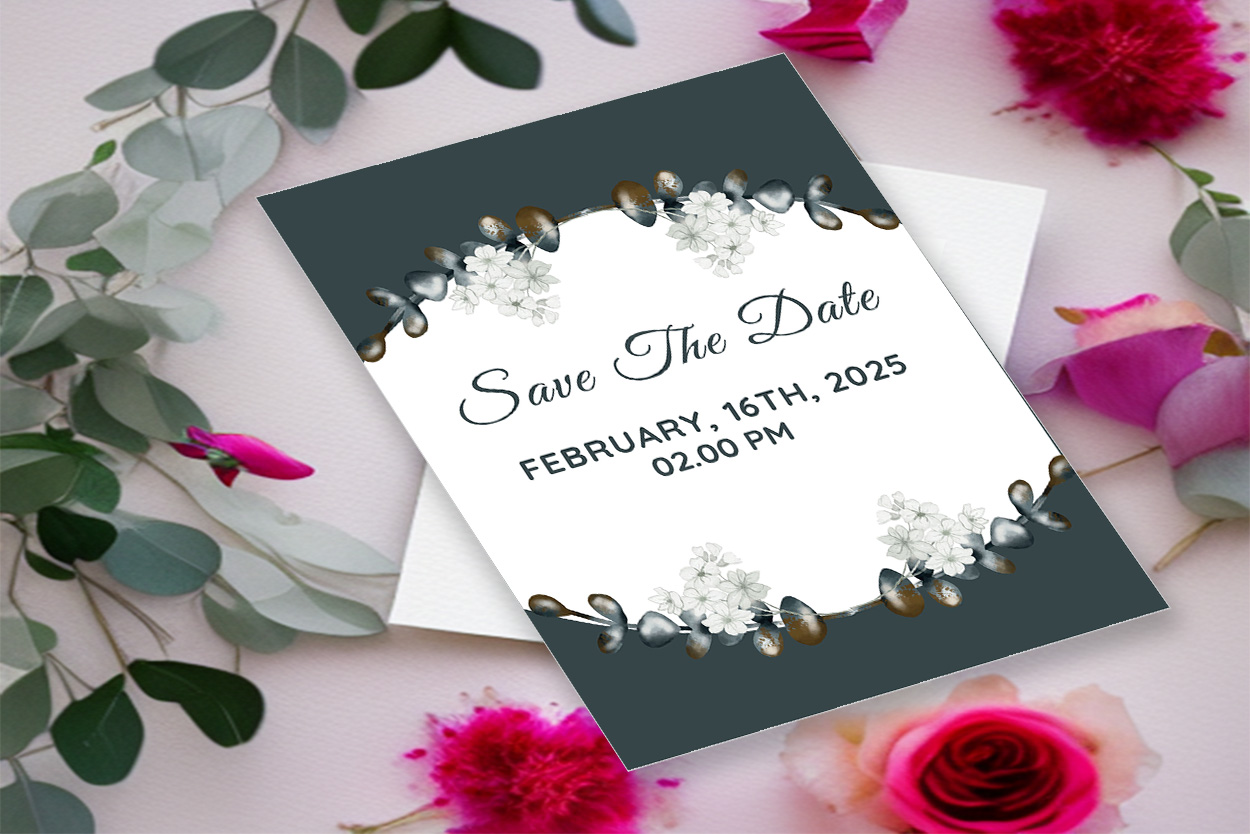 Image with charming wedding invitation card in dark green color and flowers.