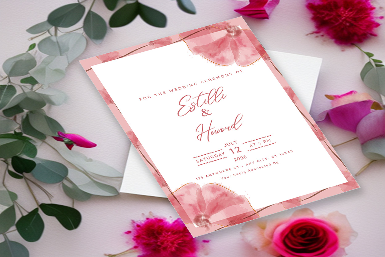 Image with colorful wedding invitation card in pink tones and flowers.