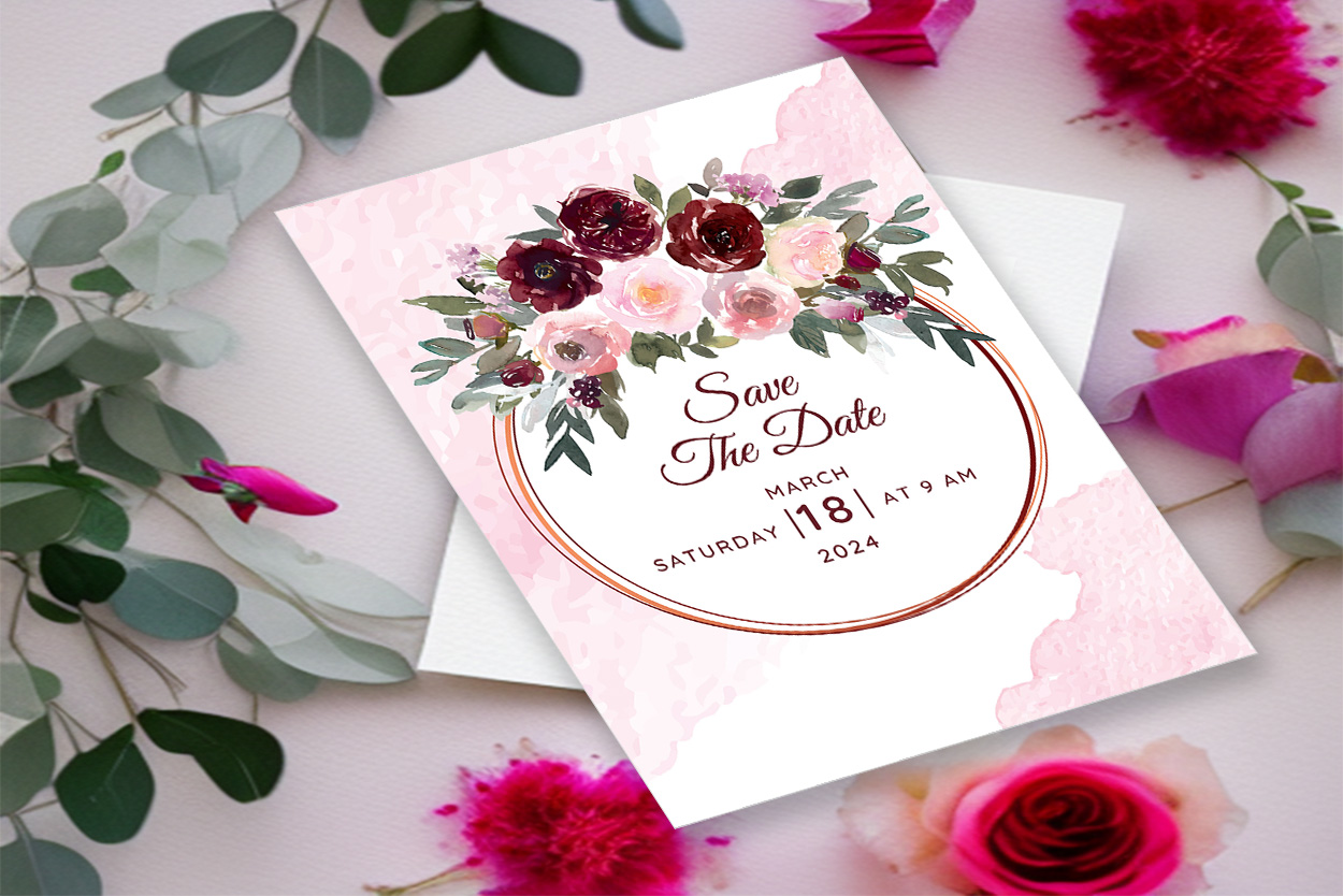 Image with wonderful wedding invitation in pink tone and flowers.